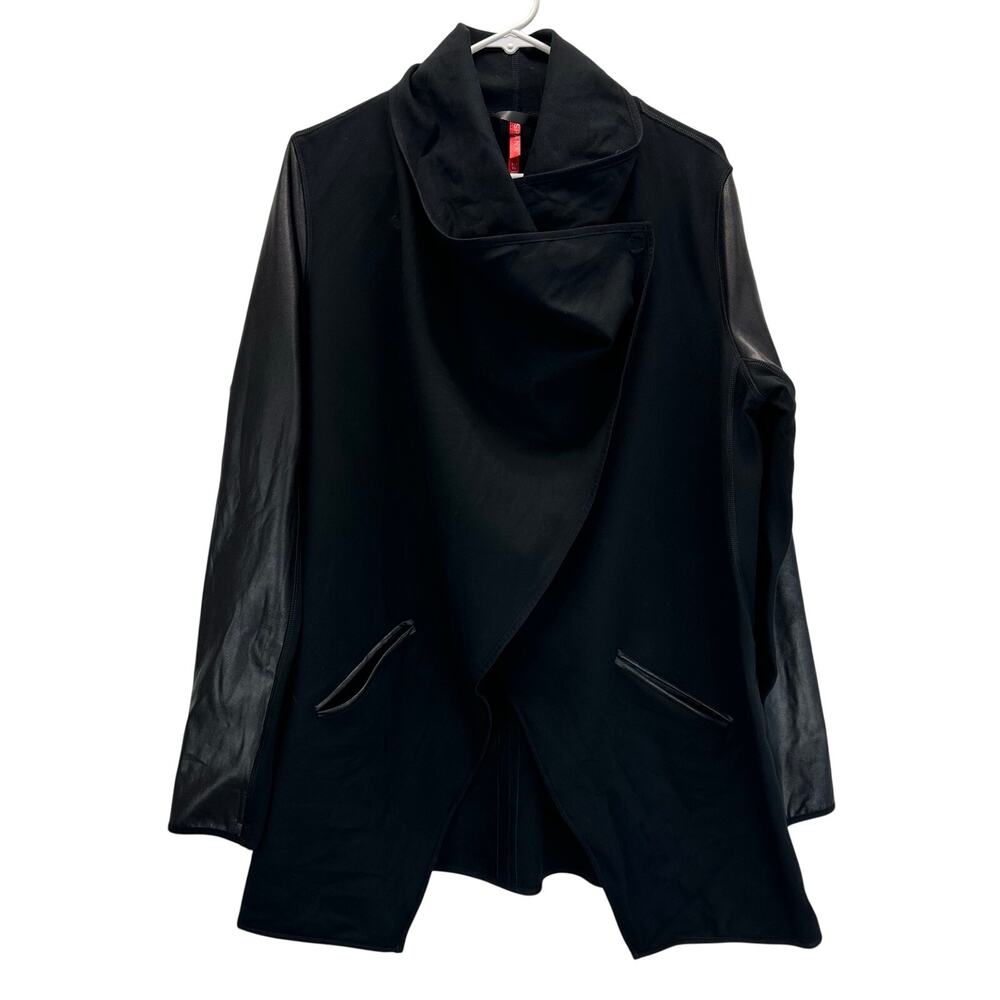 Spanx Faux Leather Convertible Drap Front Jacket Blazer Black XL #50176R - Picture 2 of 9